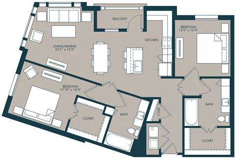 2 bedroom floorplan with 1330 square feet at McKinney Village, McKinney, Texas